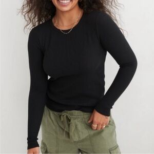 AERIE Waffle Longsleeve Tee Black Feelin' a waffle lotta love Large Shirt Top